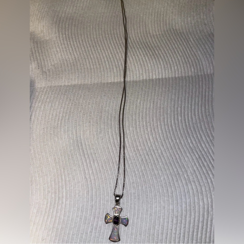 White Opal Cross with Round Tanzanite .925 Sterling Silver